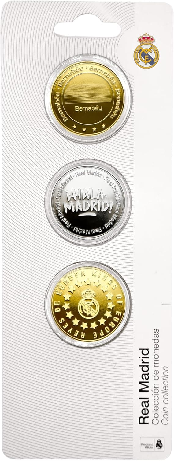 Pack de 3 monedas coleccionables oficiales del Real Madrid: Reyes de Europa, Hala Madrid y Estadio Bernabéu